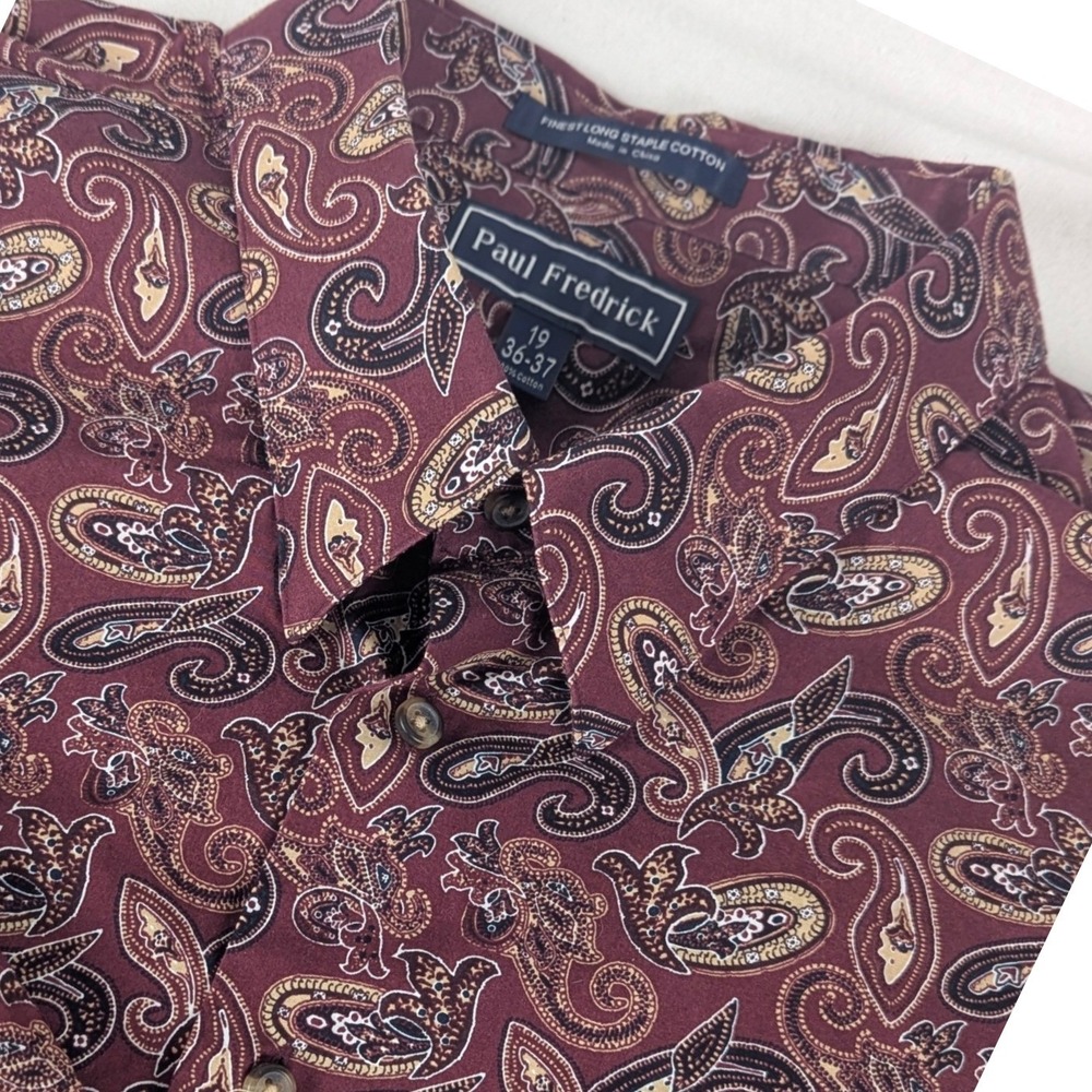 Paul Fredrick Mens Burgundy Paisley Cotton Button Down Shirt 19 36-37 Retro